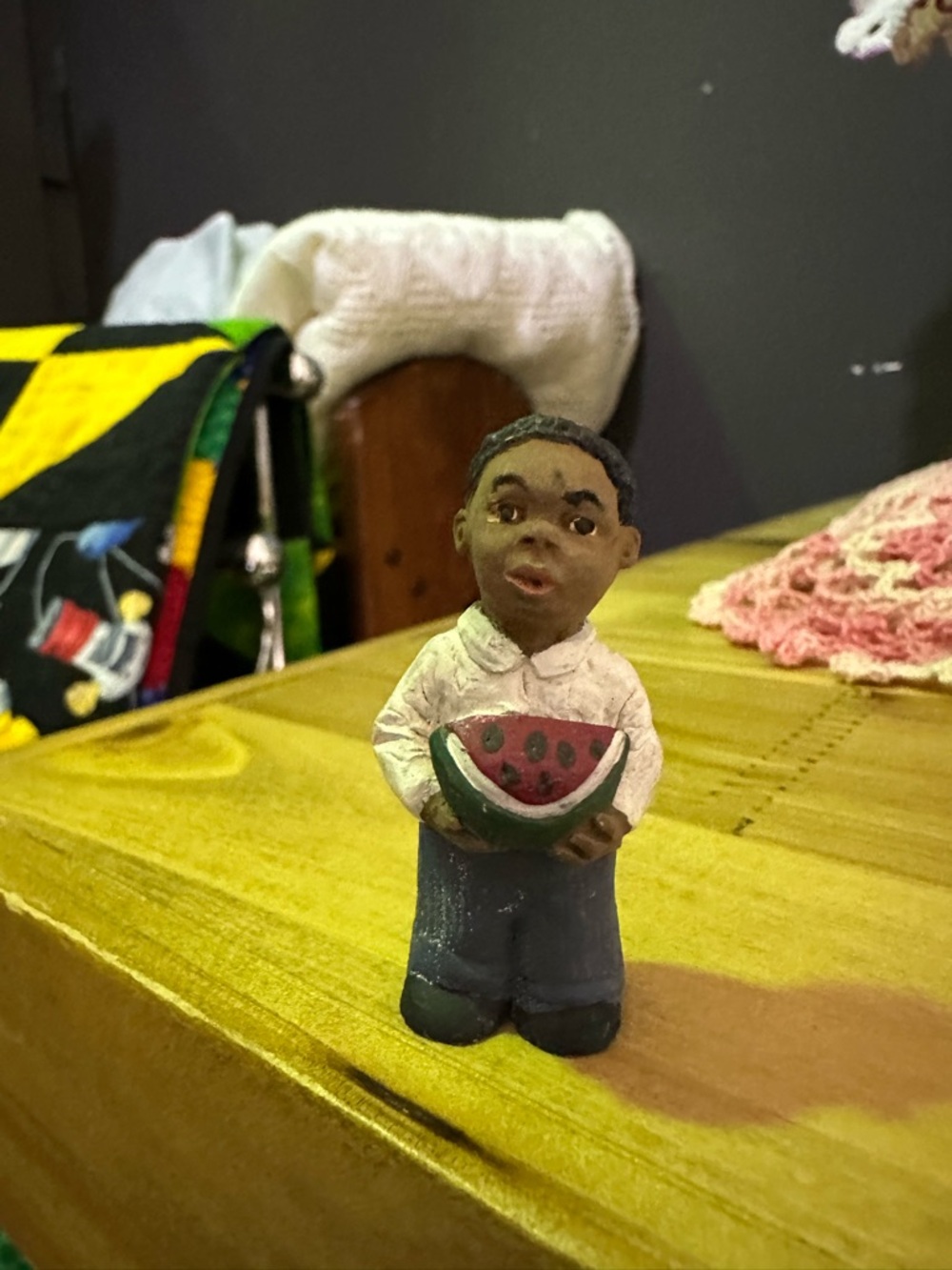 Vintage Folk Art Boy Figurine Holding Watermelon Rustic Country Kitchen Decor